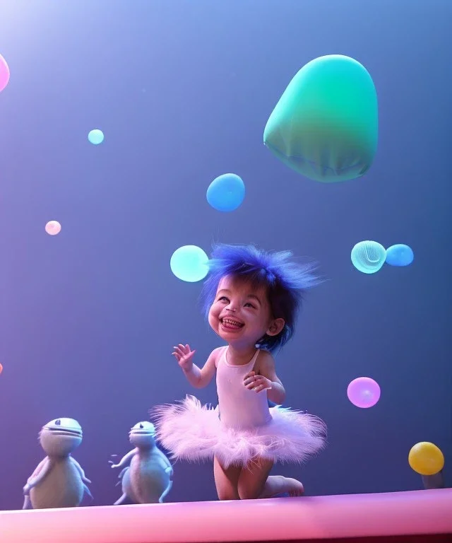 Ultra realistic speed room scene, wide angle view, childs playing with feather pillows and inflatable monsters, circus dress style, feather color, free jumping, many trinkets, hair monster, many jelly beans, balls, smile, extreme, wind, soft color, highly detailed, unreal engine 5, ray tracing, RTX, lumen lighting, ultra detail, volumetric lighting, 3d, finely drawn, high definition.