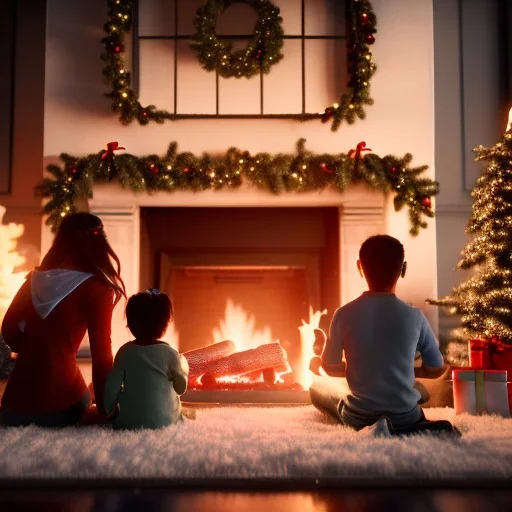 a family huddled around the fireplace on Christmas eve