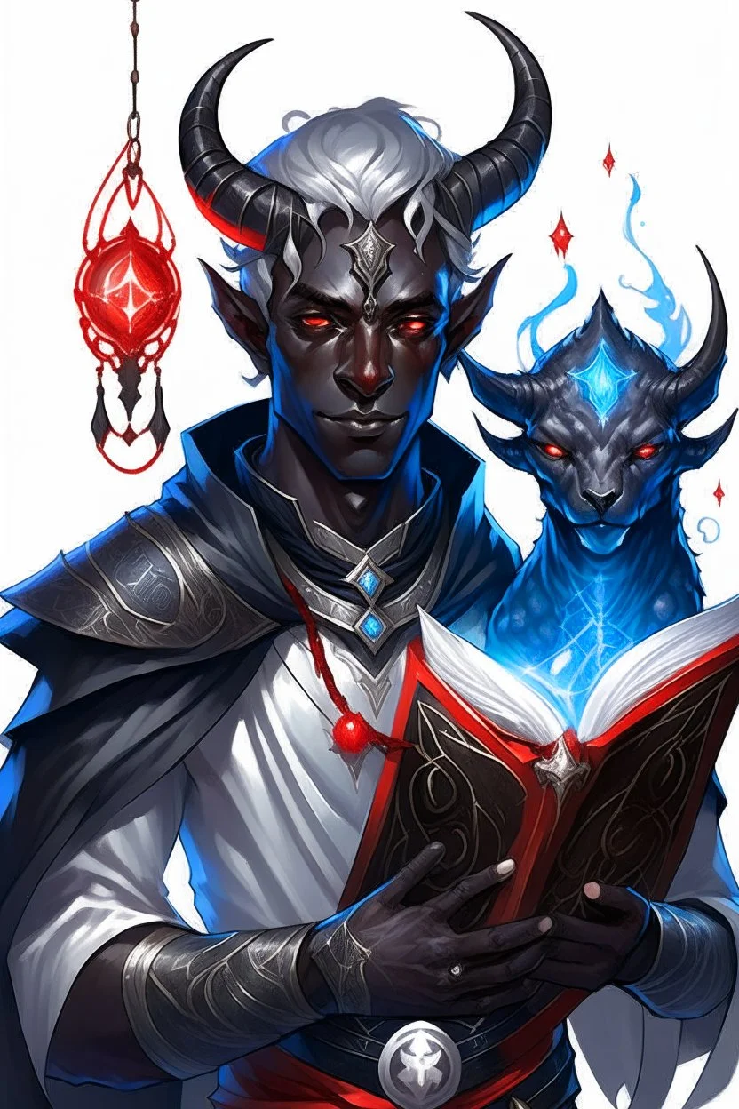 En Young male black skin tiefling fra dnd holding a book with Arcane Magic in a silver and White Rope. His horn a perfectly place on acet from the front to the back pointing upwards with glowing Red cat Eyes glowing Blue Arcane Magic around them ice crystals flowing around him. His close is elegant get simple. A adorable black cat with red eyes Sitting on his Shoulder