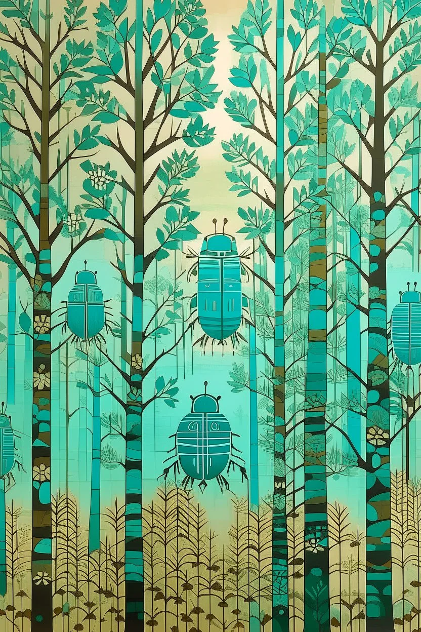 A cyan forest with noisy beetles designed in Navajo baskets painted by Frank Lloyd Wright