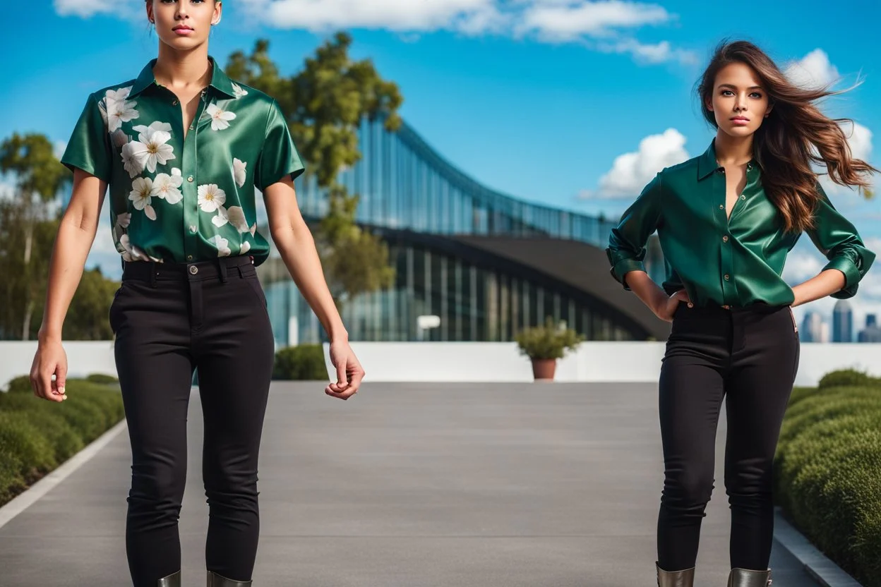 fullbody shot of girl wearing a dark green-silver blouse pants with pretty boots and a boy with causal clothing in modern ,flowers ,pretty clouds in blue sky,city escape.