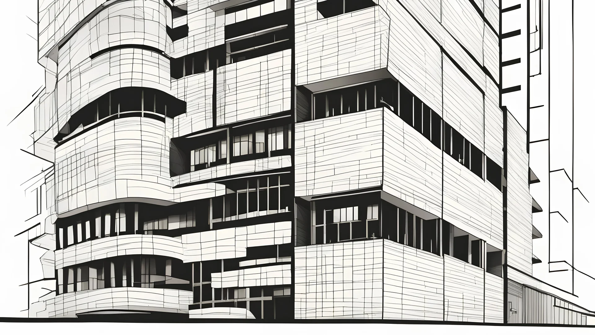 line art illustration of a 25-story building, black lines on a white background