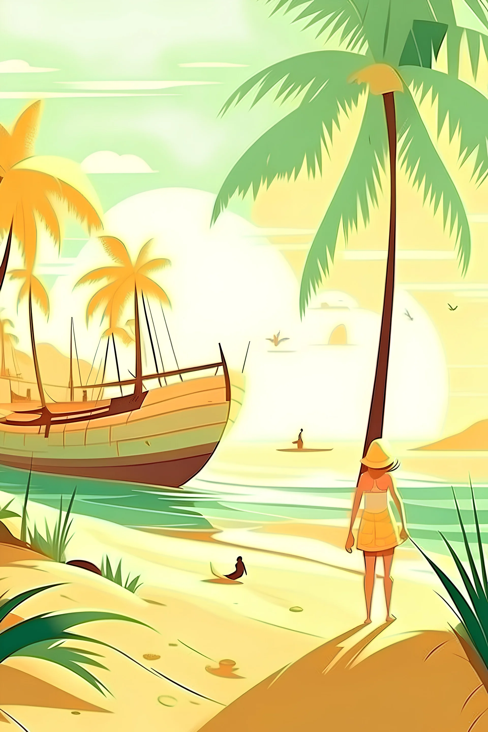 The woman near beach and light sun shine and coconut tree with boy friend near the boat