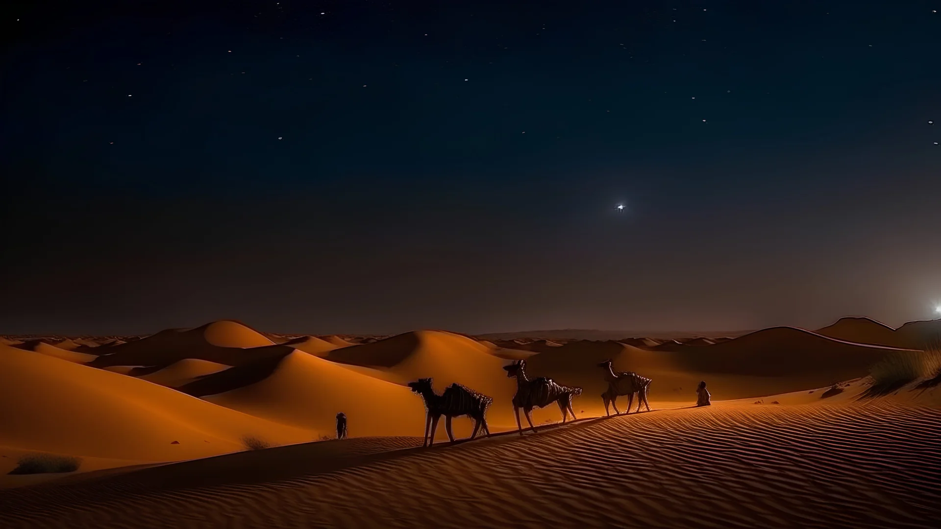 Desert, a hill, evening with many stars, long shot 3 camels with camel drivers