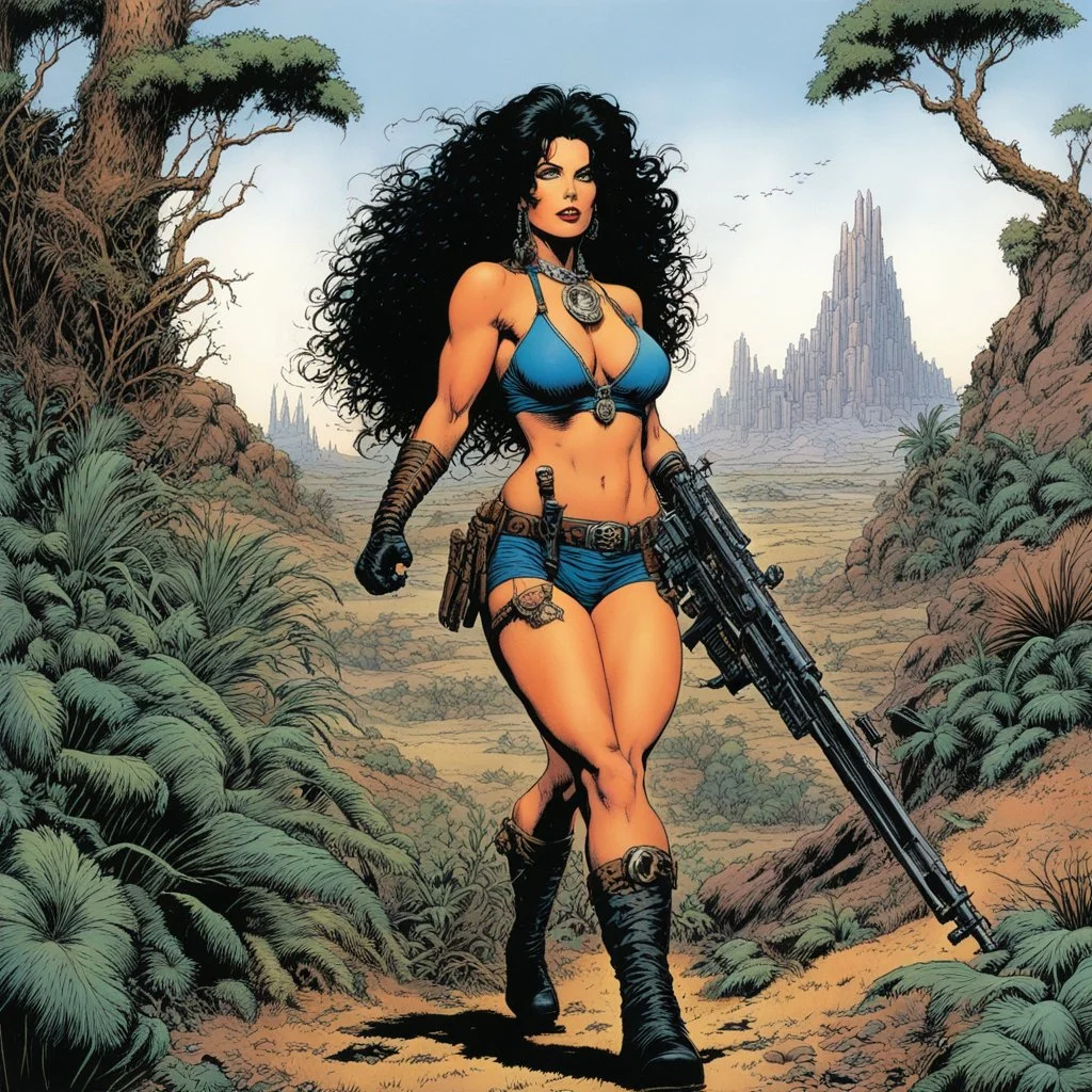 #5 Original coloured Art by Sam Keith and Bernie Wrightson Vortex Comic, 1988: tattooed Julie Strain in action, standing in the middle of the badlands jungle surrounded by luxuriant flora - Heavy Metal F.A.K.K.2 her machine-gun in hand