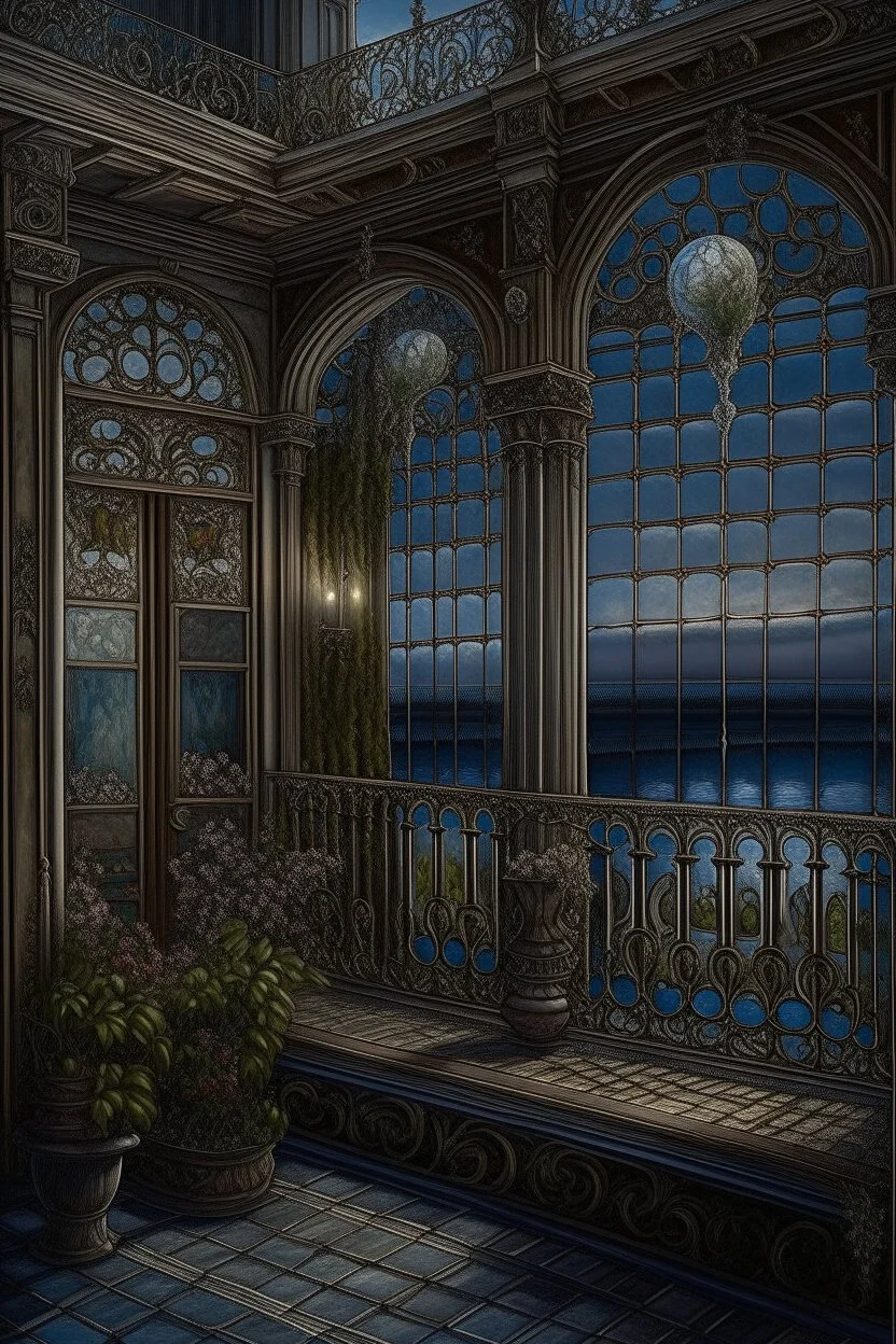 the balcony of the palace, moonlight, beautiful flowers, the surface of the water under the balcony like a mirror, mega-detailed drawing of small fine details, photorealistic drawing with colored pencil + pastel, ink, bright, botanical, fantasy, medieval atmosphere, cinematic, Art Nouveau, the camera is aimed at the object