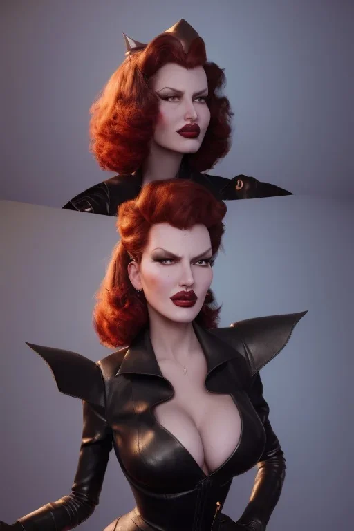 Rita Hayworth as evil queen in black leather, busty, cleavage, curvy, angry, stern look. character design by cory loftis, fenghua zhong, ryohei hase, ismail inceoglu and ruan jia. unreal engine 5, artistic lighting, highly detailed, photorealistic, fantasy