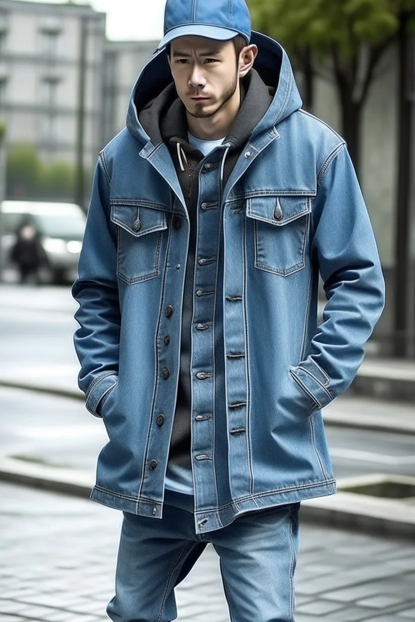 Man's long gridle light blue jeans coat with hood