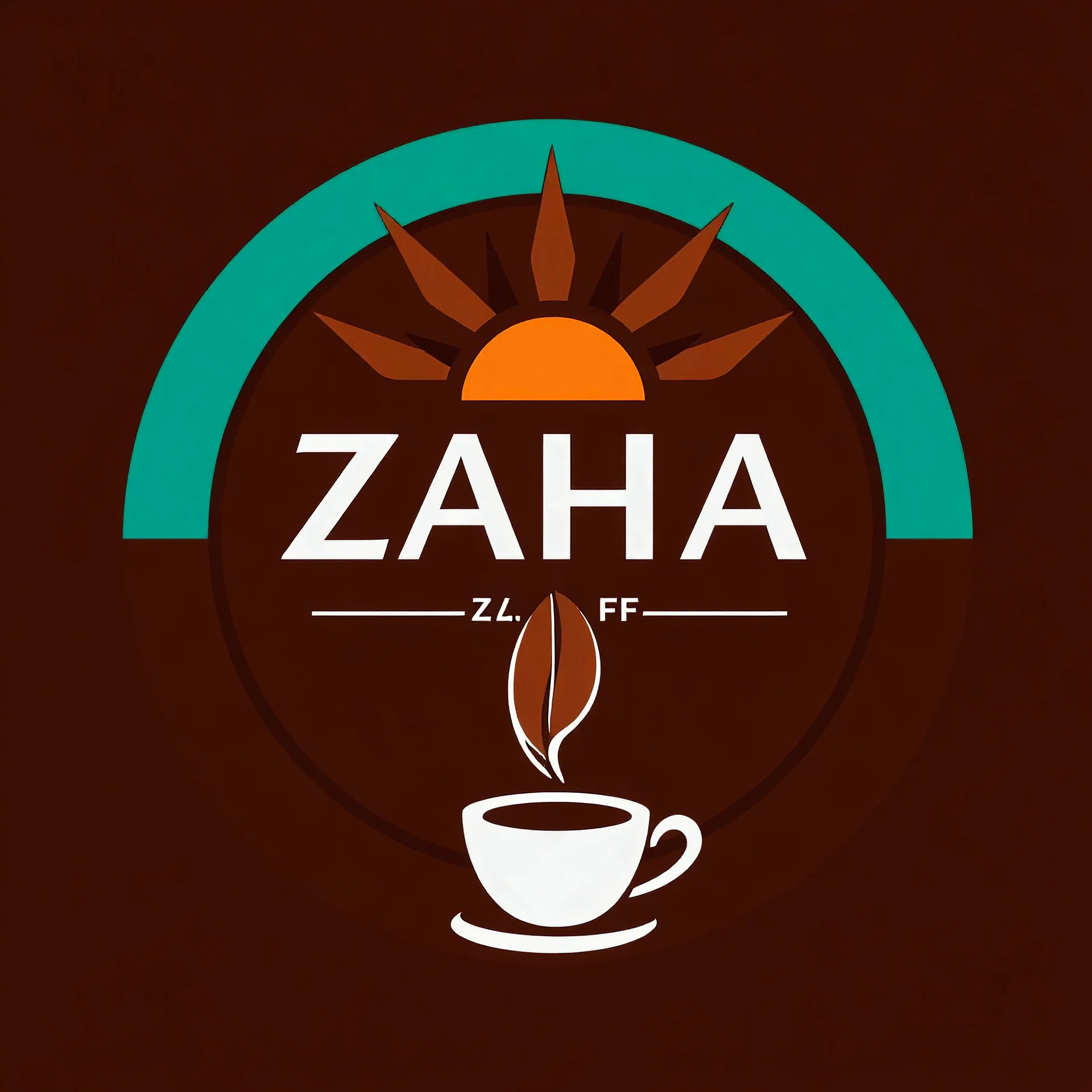 A circular logo with the name (ZAHA) designed for a cafe with the sun symbol and turquoise and indigo color and a coffee bean and a coffee cup at the bottom of the logo.