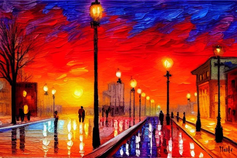 Sunset in the street, impressionism painting