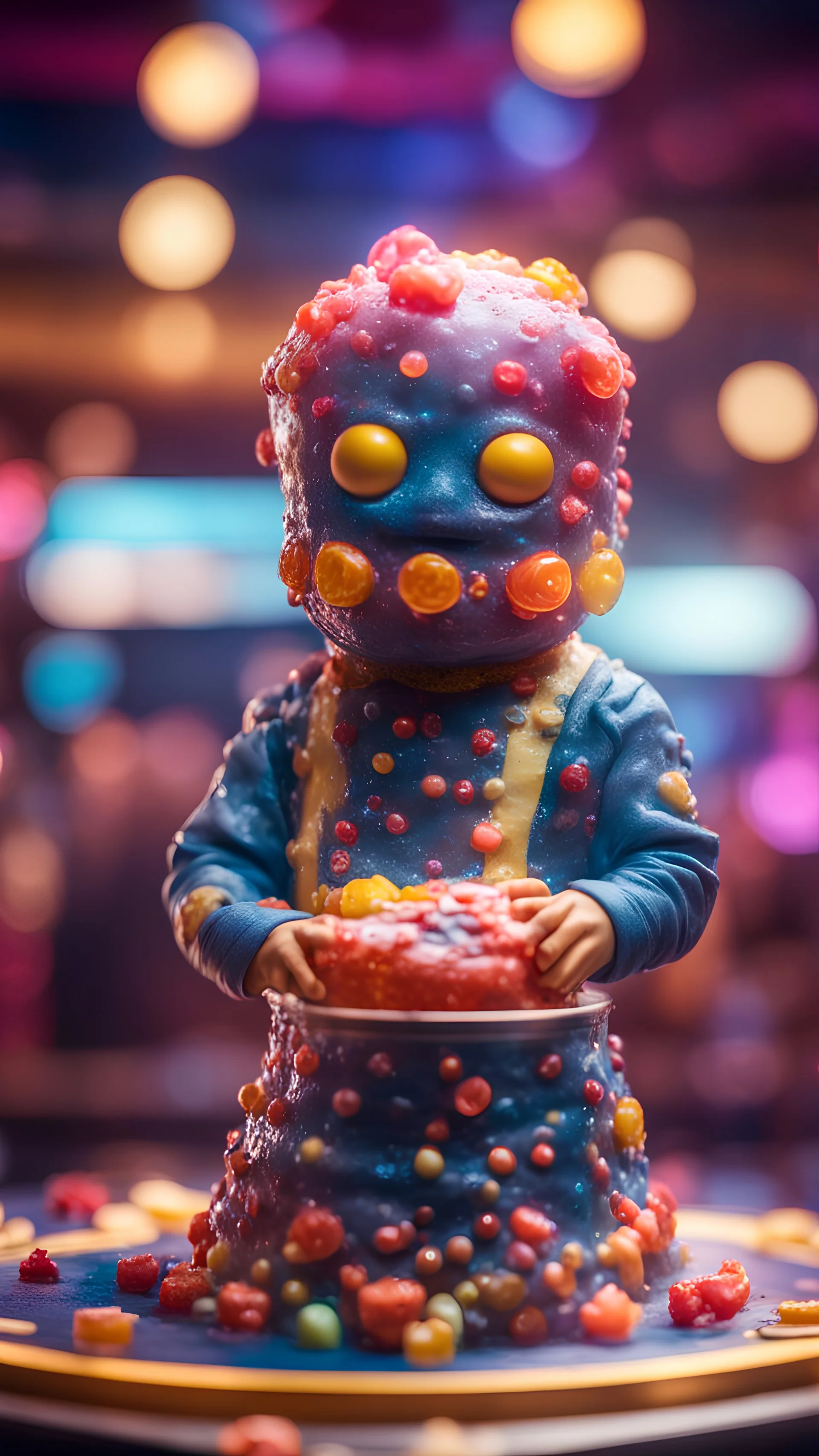 portrait of cute jelly man mask , baker of the highest many storied advanced art ninja star cake sculpture during a casino game show, bokeh like f/0.8, tilt-shift lens 8k, high detail, smooth render, down-light, unreal engine, prize winning