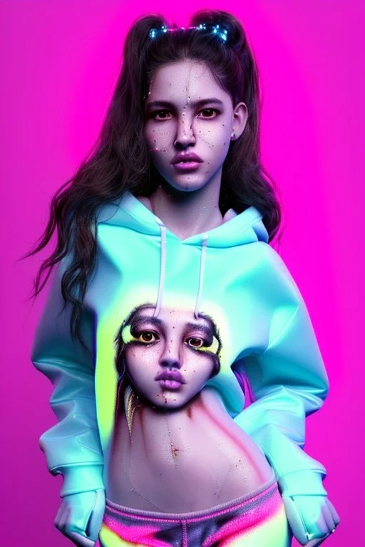 Ultra Realistic image, Rosalía artist, portrait, normal complexion, waist up portrait, long black eye line, sweet face, t-shirt with holes, inflatable hoodie, gold pink and blue style, spray glow make up, geometric led jewelry, fog, hot, inflatable style latex coat, vibrant color, highly detailed, art stations, concept art, smooth, unreal engine 5, god rays, ray tracing, RTX, lumen lighting, ultra detail, volumetric lighting, 3d, finely drawn, high definition, high resolution.