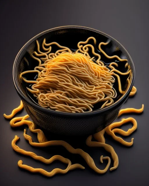 ramen noodles on black background. Photography Realistic photo. HD. Glowing. 3d style