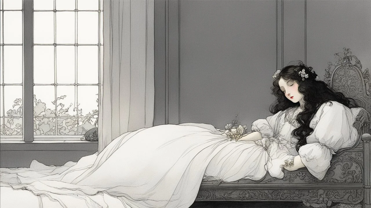 [art by W. Heath Robinson] Nancy lies sprawled on her bed, chest down, chin resting on her hand, gazing lazily out the window like life itself has bored her to death. Her long, dark hair cascades down her shoulder, faintly glinting in the sunlight peeking through the curtains. A delicate silver hairpin perches on one side, almost ironic given her usual devil-may-care vibe. Her violet eyes, half-lidded with indifference, slowly drift toward you — expressionless, flat — like she's staring through
