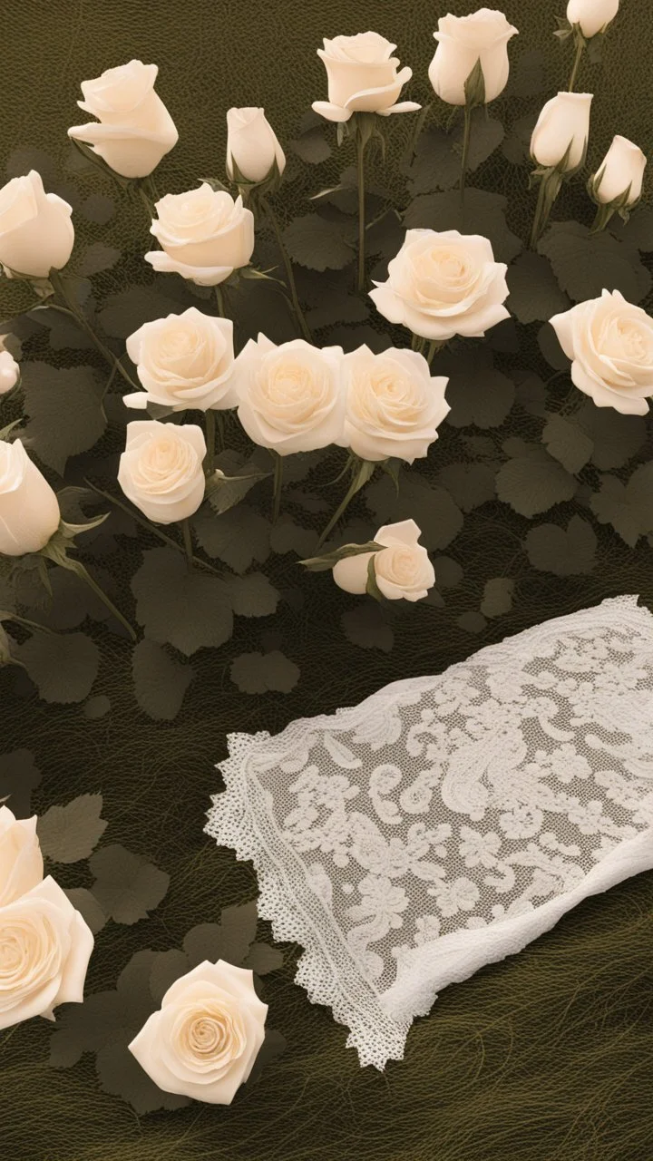 A grave in a field of white roses. Above the grave are swan feathers, a carved dagger, and white lace cloth.