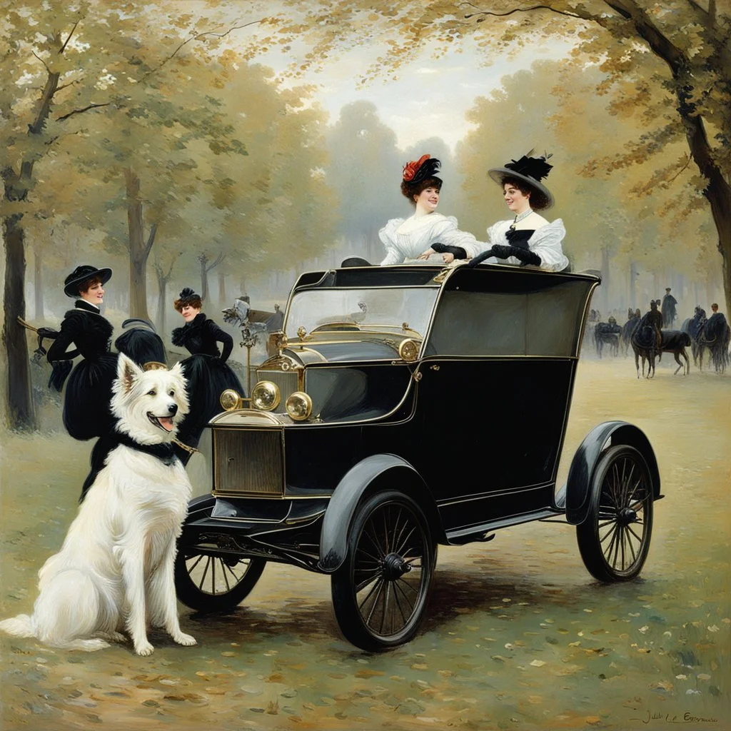 The Goldsmith Ladies in the Bois de Boulogne in 1897 on a Peugeot car, Julius LeBlanc Stewart, smile, dog