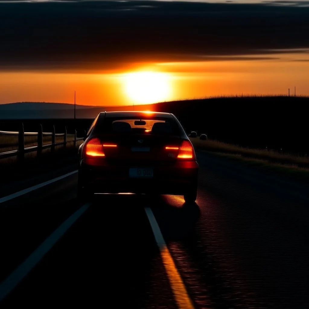 dark night, car taillights, driving towards a rising sun in the distance