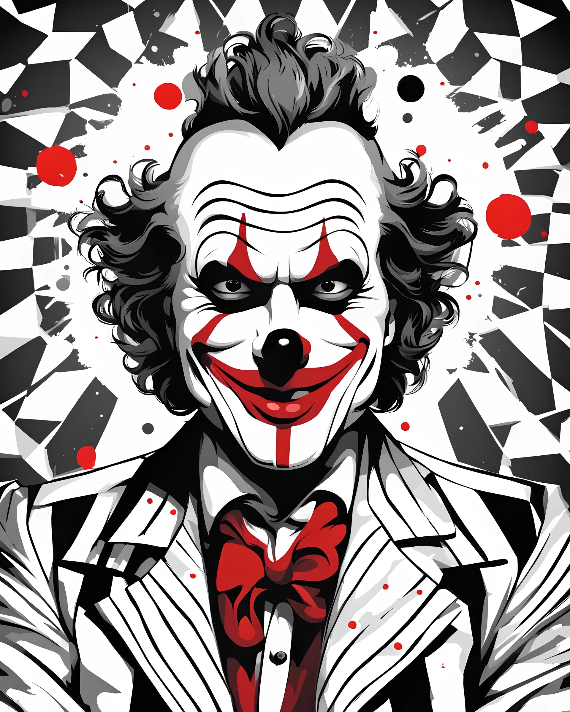 Ilustración vectorial de payaso con cara de idiota estilo Joker, colores negro, blanco y rojo, full body