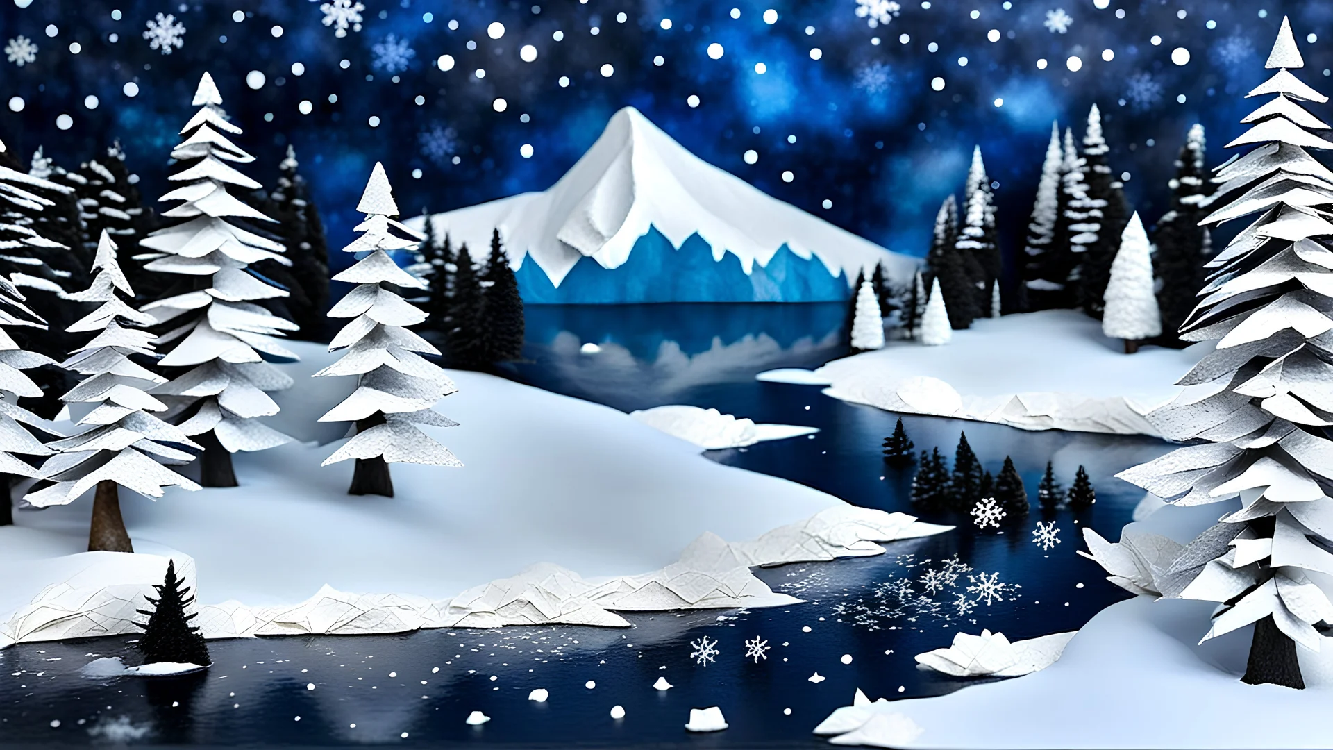 Papier Mache, paper craft, a magical winter landscape with a lakeshore