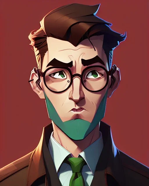 Fit man in round glasses, wavy hair, stubble,no beard, slim, tie, monotone, green eyes, comic book style, two tone colours, detailed, ink, realistic, handsome, square jaw, big brows, no jacket, bird on the shoulder, spotlight