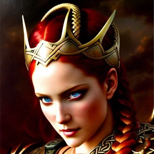 portrait 'beautiful Sexy busty Redhead Sif',Braids,horned helmet, celtic tattoed,painting by gaston bussiere, greg rutkowski, yoji shinkawa, yoshitaka amano, tsutomu nihei, donato giancola, tim hildebrandt, oil on canvas, cinematic composition, extreme detail,fit full head inside picture,32k