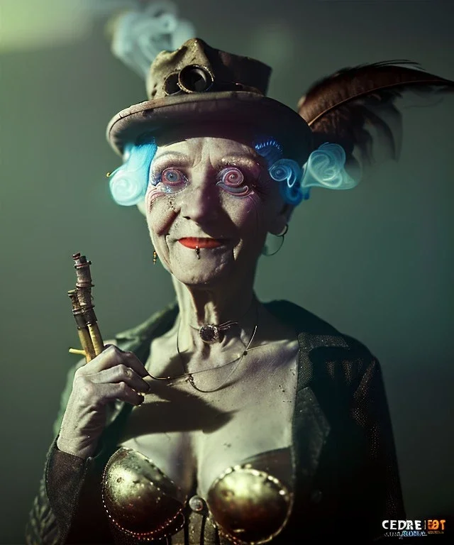 Surreal, steampunk , , cabaret scene. Russian old woman. Sweat, Birds, Feather, smoking, happy, hot, color fog, people background, highly detailed, concept art, unreal engine 5, god rays, ray tracing, RTX, lumen lighting, ultra detail, volumetric lighting, 3d, finely drawn, high definition, high resolution.