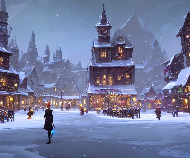 A magical town square with canals for warlocks and witches in snowy Christmas