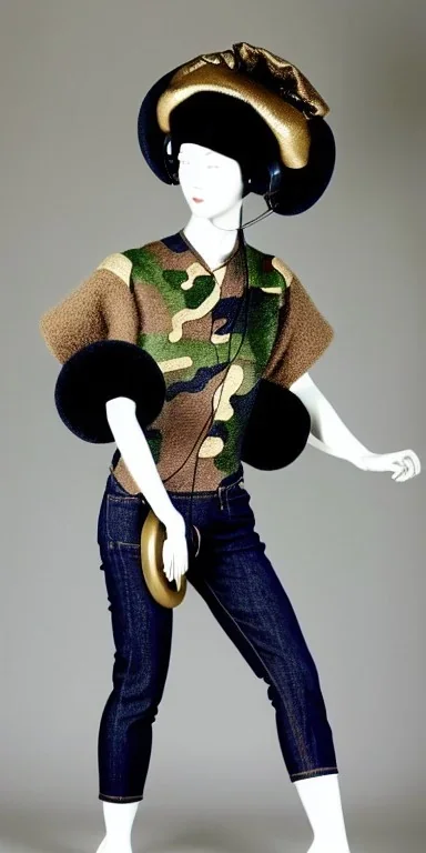 Lively fleshy Asian woman black hair. thick thigh, thick calves. Style: Haute Couture, 1920's, late nineties, street style.Mantle is sewed of recycled Denim and sewed together of camouflage pieces.Big headphones, with gold rings, is merged with small felt cap with small visor. A bag is integrated to the mantle. Patterns are composed of orange, cream, blue, lilac and purple. blue latex somewhere. It is with big bright purple felt tippet and cream-colored-hood. mantle is merged with tippet.