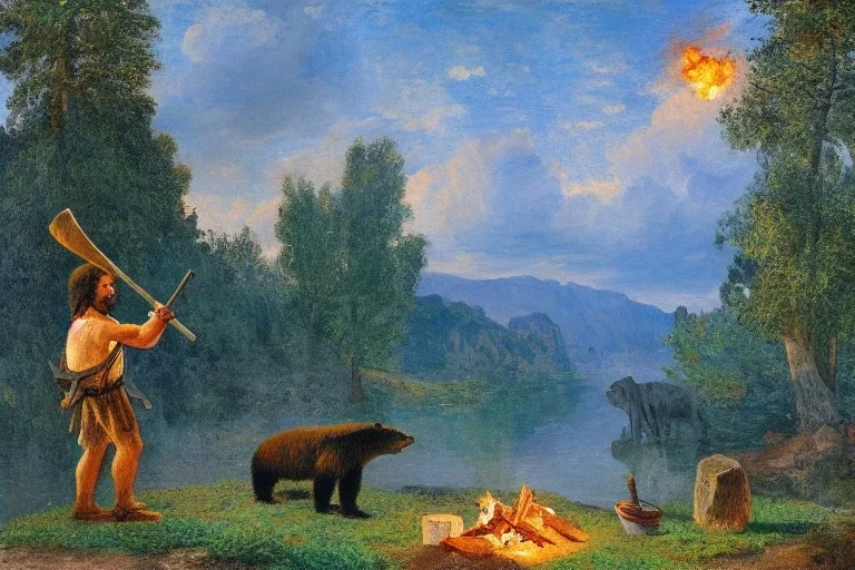 caveman holding a club, cave, bear, campfire, stone age, Impressionism, masterpiece, mellow, dawn,