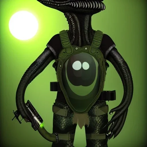 Alien, snake, metaljellyfishsombrero, vest, hands, holding gun, holster, steel military boots, squishy, chest plate, oxygen mask, bulbus nos snout, reptile pupil, blasterrifle, jungle