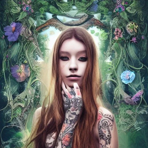 "perfect long-haired woman, full face tattoo of flower art and trees extending past face and morphing into reality, 8k resolution, high-quality, fine-detail, intricate, digital art, volumetric lighting