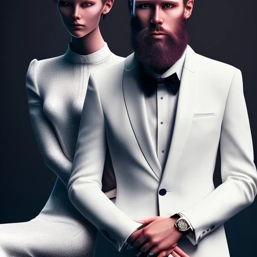 close-up portrait, 8K, a Highly detailed stunning image of Dom man with a submissive woman, woman sitting, a white suit, beard, and short hair,