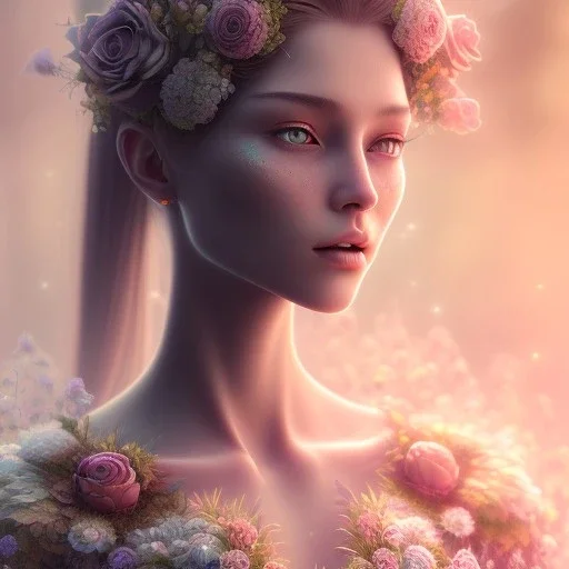 flower beautiful girl,utra realistic,highly detailed, sharp focus, insanely detailed, parallax flowers, honeybee, fantasy art, intricate detailed, elegant, fog, Special Lighting, Vibrant, color Scheme, forest, unreal engine 5, trending on artstation