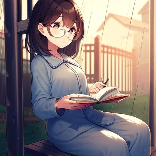 anime girl sitting on a porch swing of an old house, journaling, wearing pajamas, writing in a book, shes watching it rain, more detail on hands and her face,shes deep in her thoughts, wearing glasses, rain drops