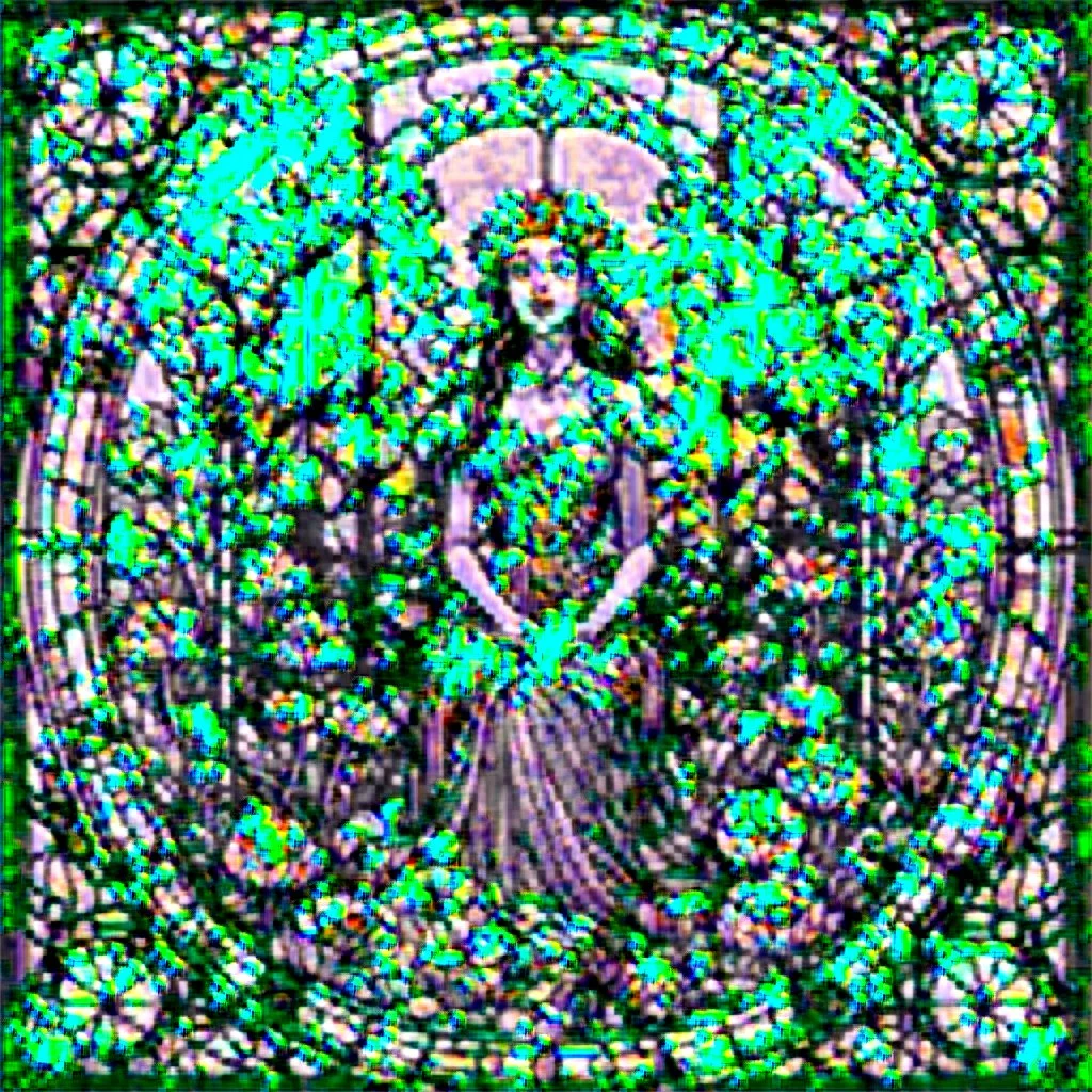 Stained Glass Art Nouveau art style A beautiful as a model asian woodland elf princess who looks like a young Lucy Liu seated on a throne surrounded by poppies and marijuana leaves in a mystical forest, photo-realistic