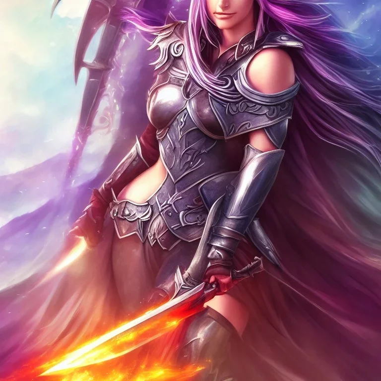 fantasy art style, female, attractive, 8k, full body, leather armors, full great sword, silver shoulder length hair, vibrant bright colorful silver eyes, slight scar on cheek, details,texture, detailed lightning, wrist guard armors, vibrant colors, no background