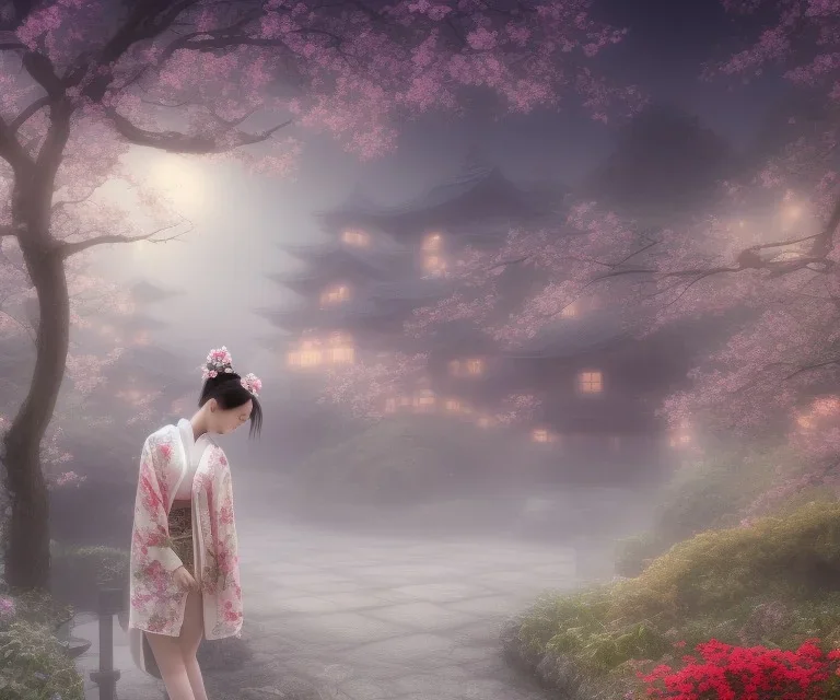 misty foggy area with a girl in a floral kimono in the middle of a bright japanese village at night