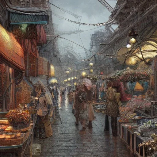 Insanely detailed photograph of an “artitcture plans of a city market at a shipyard” with intricate gears, intricate embroidered band, hyperdetailed painting by Ismail Inceoglu Huang Guangjian and Dan Witz CGSociety ZBrush Central fantasy art album cover art,8K, hdr, romantic, mysterious, ominous, flowers, jewelry, steam,oil,cafe,street vendor,steamship,D&D