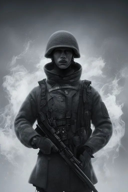 All black German soldier, head made out of white smoke, dark, rage, sorrow, high definition, ultra 8 k, volumetric lighting, blue fire, fog