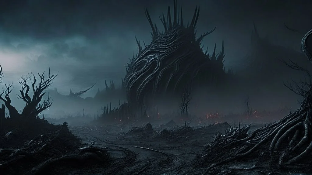 an apocalyptic landscape covered in dark gray dust. dragon bones everywhere. dark grey mist. seen from the ground. h.r. giger. Lovecraft. so much horror. no trees. no fire. no glow. cinematic lighting, hyperrealistic, concept art, mid shot, intricately detailed, color depth, dramatic, colorful background