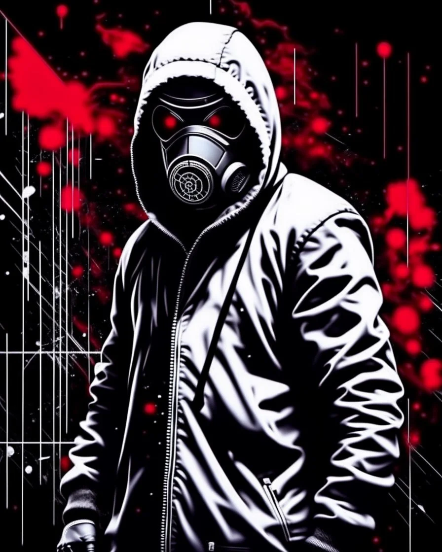 Banksy style. Vibrant and dynamic masterpiece of a hooded and gas masked killer Cyborg, his eyes are intense. Red, white and black colors, (((full body)))