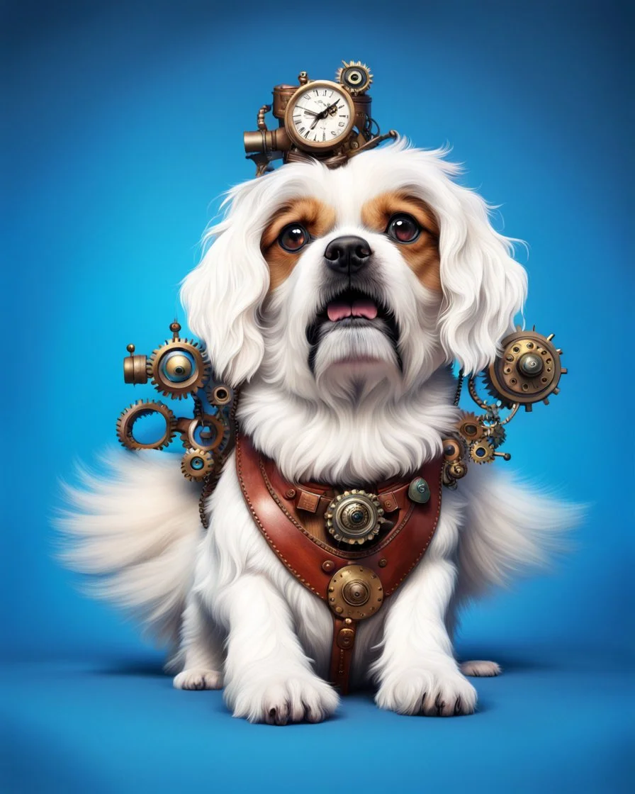 Imágen perro hermoso, impactante, maximalista, Steampunk, 3D, 8k