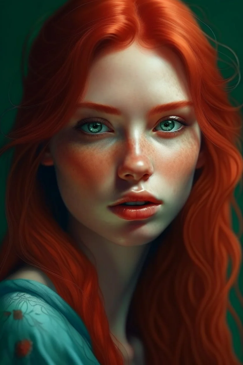 Red haired women portrait, Cottagecore aesthetic, with red straight hair, pale skin, toned legs, (hazel-turquoise eyes), long eyelashes, (naturally soft skin, defined high cheek bones), face details, magic, digital painting, digital illustration, extreme detail, digital art, 4k, ultra hd, hyperrealism, trending on artstation, vintage photography, tumblr aesthetic, DnD fantasy, hd photography, hyperrealism, [light freckles]. White dress with details. Full lips. Her hair is straight without waves