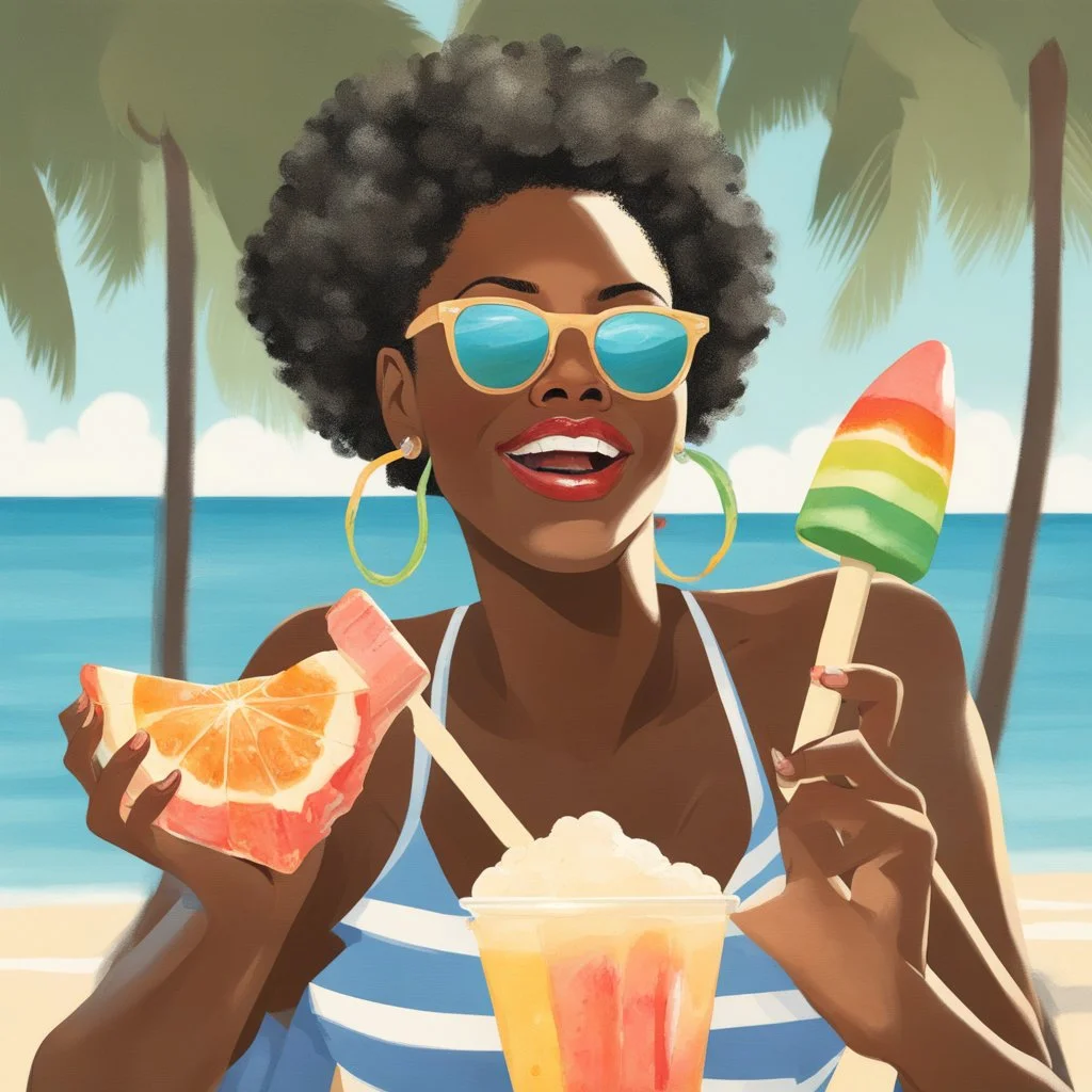 Portrait of black woman enjoying popsicle, enjoying the sun. She's at the beach with turtles and baby crab