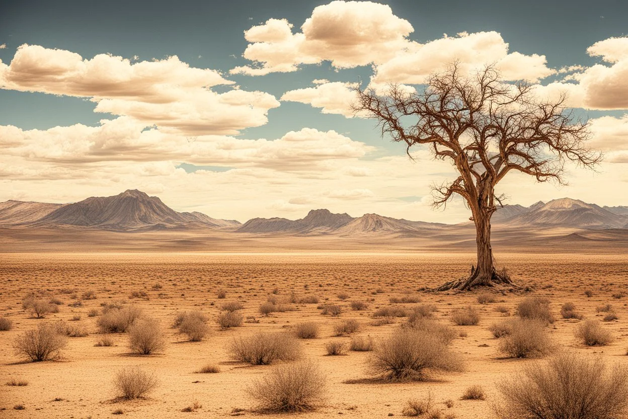 epic clouds, arid land, distant mountains, dry trees, epic