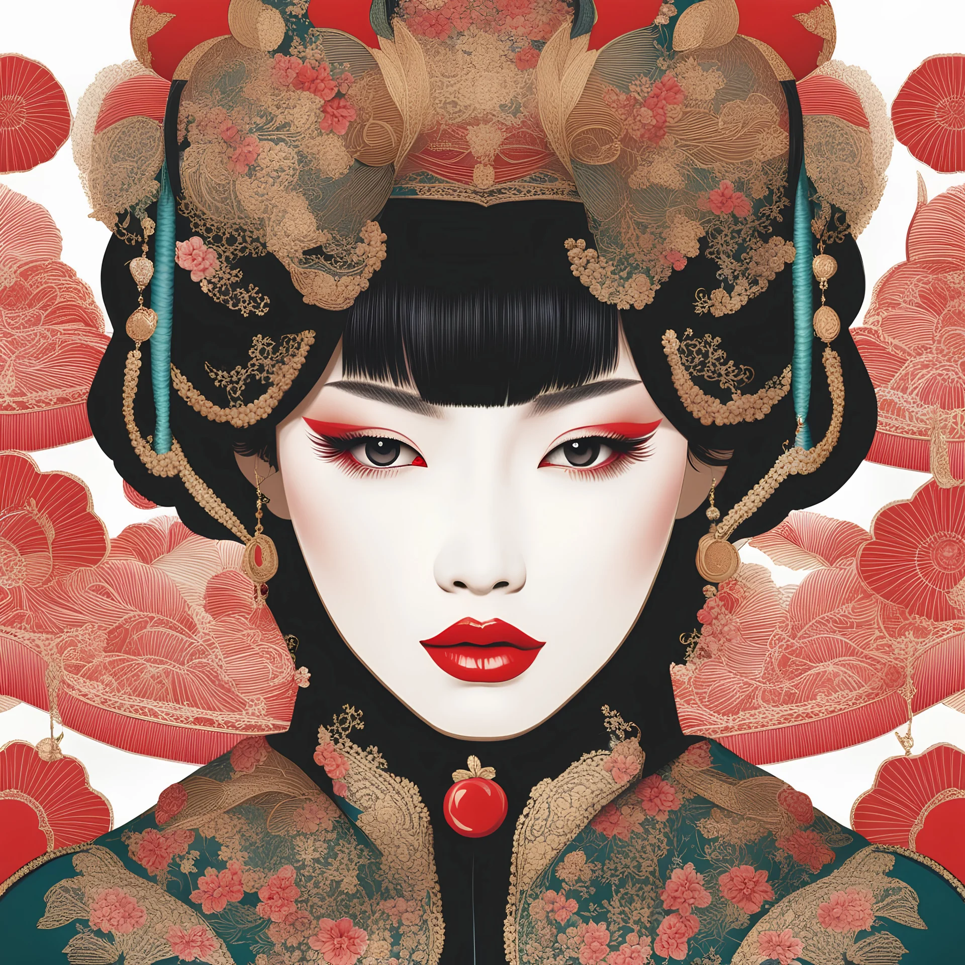 close up a beautiful Japanese woman, make up, red lips