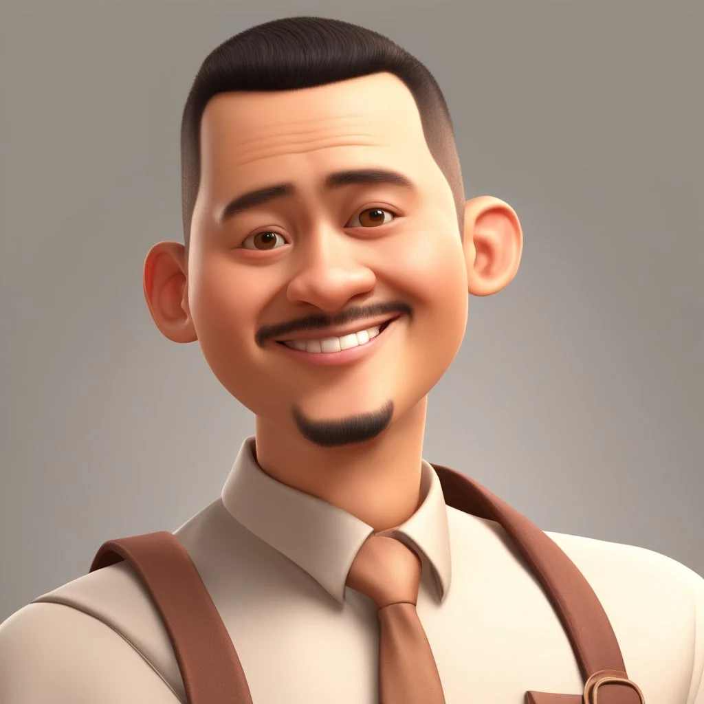 a portrait of smiling man. indonesian. carricature. black hair. buzz cut hair. brown skin. black eye pupils. round face shape. a bit small goatee & moustache. semi formal dress. pixar style. 3D. 4k. portrait. highly detailed. sharp focus. high resolution. full color. cinema lighting