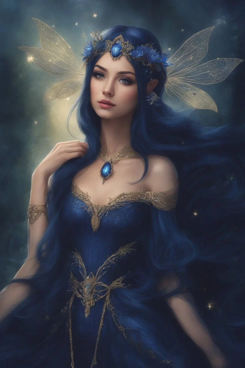 Midnight blue,Dark blue hair,night,dark fairy princess ,elven crown,elven ears,sparkle,glitter,gold armor,dragonflies,rapunzel hair,water lilies