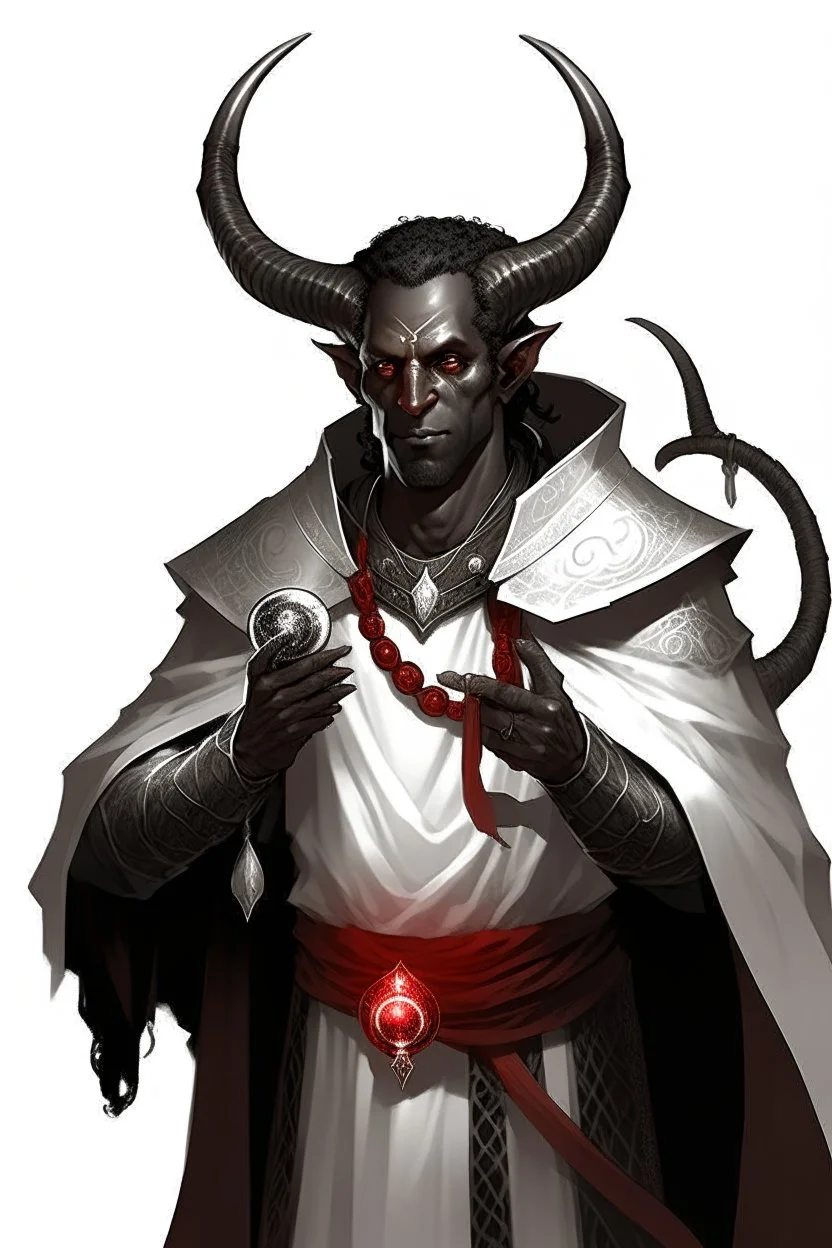 En Young male Black skin black hair tiefling Wizard with large horns glowing Silver and White symbols Everywhere on his body. He's wearing silver and White Rope and a silver cloak. His horn a perfectly place on acet from the front to the back pointing upwards with glowing Red cat Eyes. His close is elegant get simple his horns Are Same size.