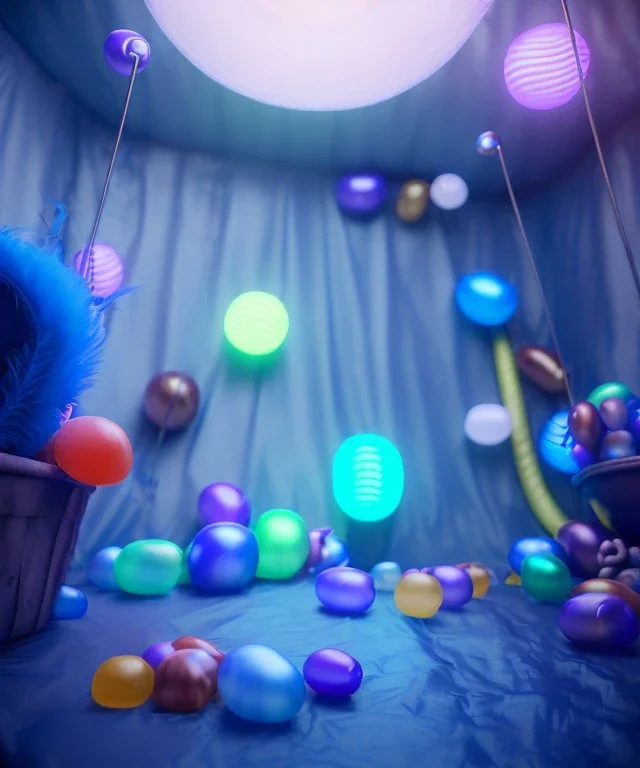 Ultra realistic speed room scene, wide angle view, teenager playing with feather pillows and inflatable monsters, circus dress style, feather color, free jumping, many trinkets, hair monster, many jelly beans, balls, smile, extreme, wind, soft color, highly detailed, unreal engine 5, ray tracing, RTX, lumen lighting, ultra detail, volumetric lighting, 3d, finely drawn, high definition.